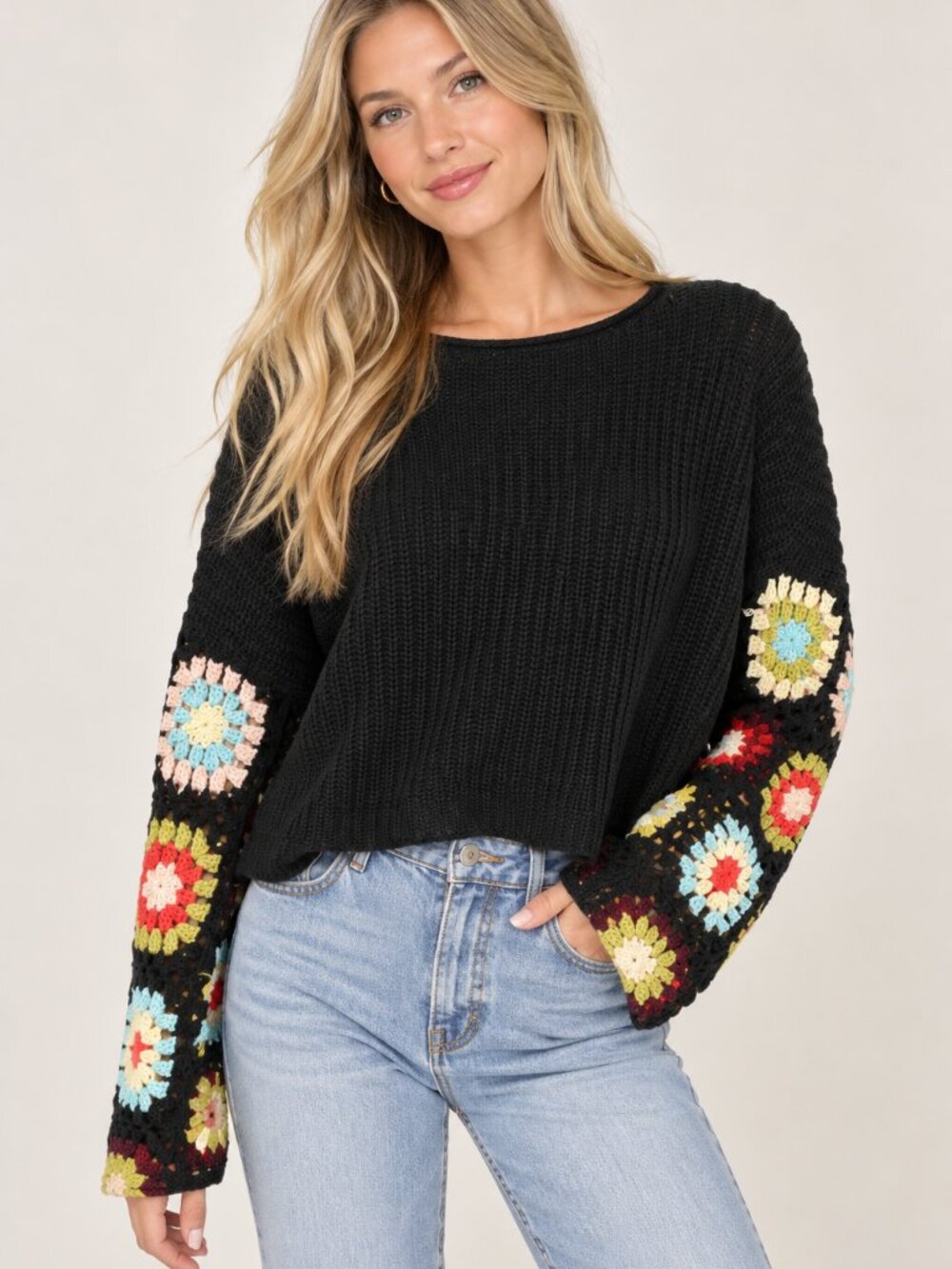 Francesca's Granny Square Crochet Sleeve Sweater